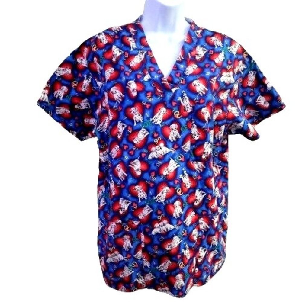 101 Dalmatians Scrub Top Size Small Puppy Dog Hearts Peaches Brand EUC